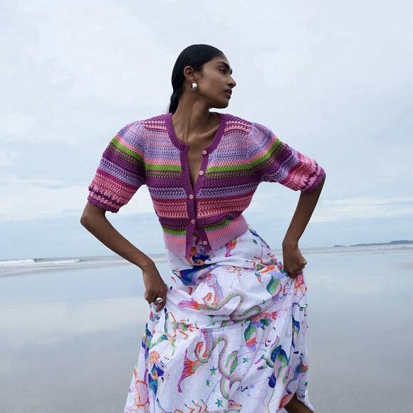 Banjanan Celeste Multi Weave Crochet Short Sleeve Cardigan Sweater - Picture 4 of 9